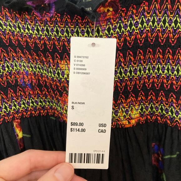 NWT Urban Outfitters Black Floral Smocked Long Sleeve Mini Dress - Size S - Picture 7 of 9